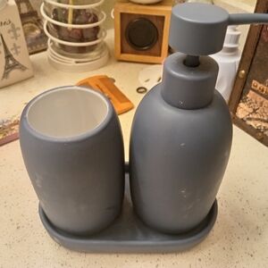 Gray Bathroom Soap Dispenser and Tumbler Set
